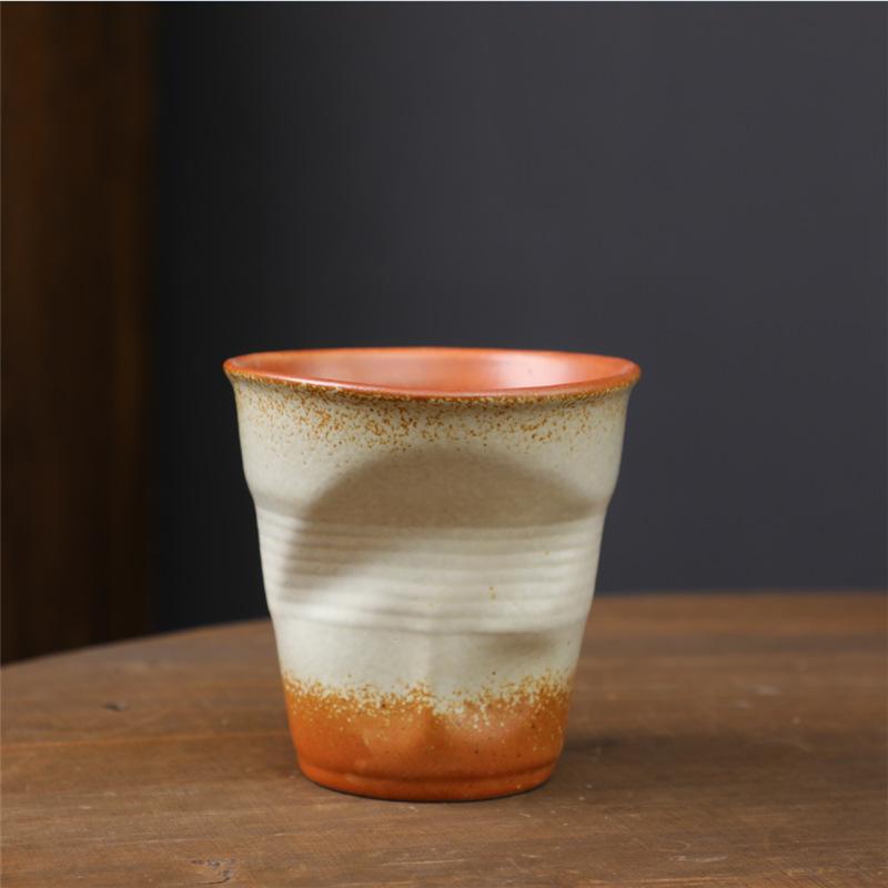 Creative Hand-Squeezed Ceramic Cup Retro Pleated Cup Coarse Pottery Imitation Paper Cup Irregular Coffee Cup Niche Mug