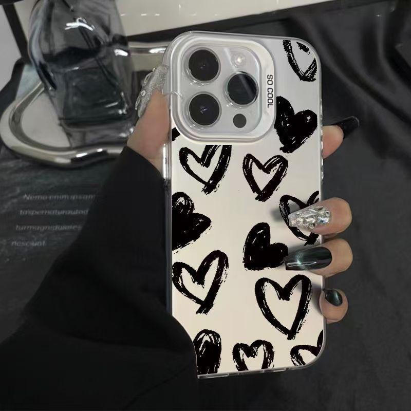 Colored silver and black with a large heart design for iPhone 16 Pro Max and iPhone 15, colored silver, 11/12mm drop-proof, 13/14mm hard.