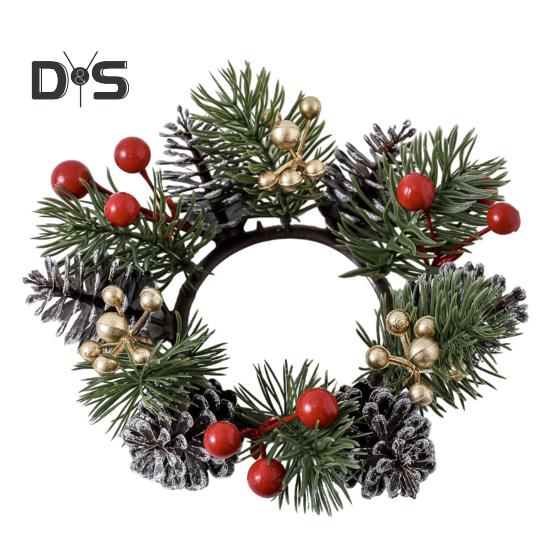 Christmas Candle Ring Artificial Pine Needle Pinecone Berries Garland Rustic Festive Candle Wreath for Home Table Centerpiece Decor