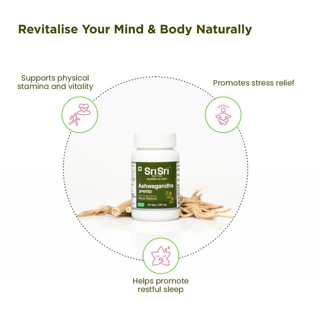 Sri Sri Tattva Ashwagandha 60 Tablets 500 mg Herbal Wellness Supplement For Daily Vitality Focus Balance Pack Of 3