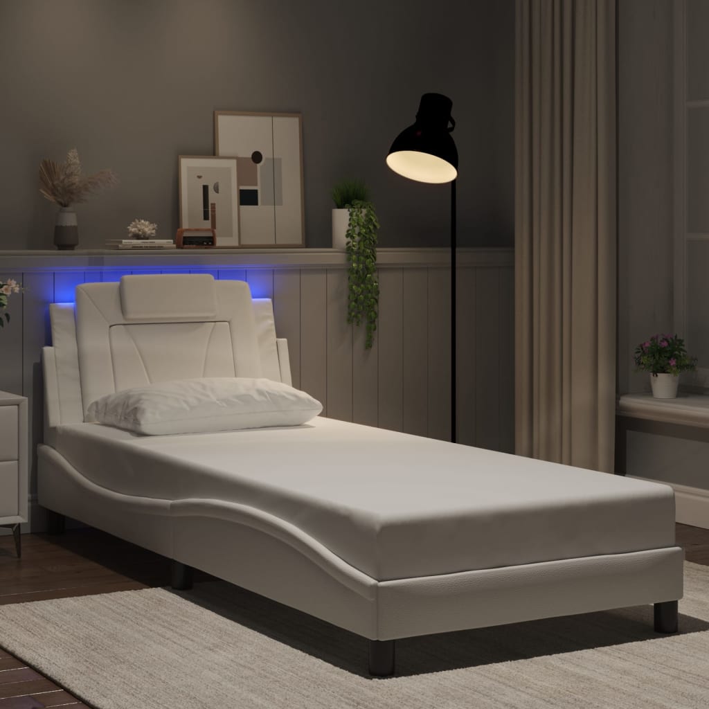 Vidaxl Rama Łóżka Z Led, Biała, 90X190 Cm, Sztuczna Skóra