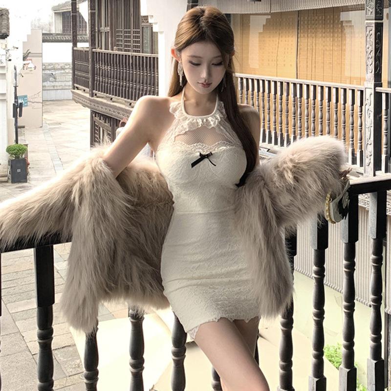 2025 мода новая женская одежда чистое желание spice girl кружевное ворот халтер тонкое платье