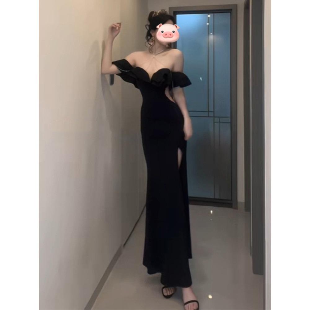 Темпераментное бордовое платье с открытым плечом, платье Spice girl с разрезом, завышенной талией и бедрами, длинное платье с рыбьим хвостом для женщин