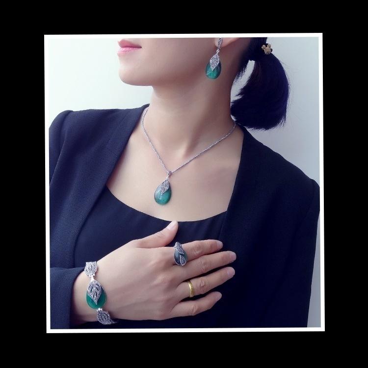Vintage Women Jewelry Set Necklace Earring Ring Set Leaf Water Drop Necklace Earring Set Necklace Earring Ring Jewelry Sets Women Jewelry Sets