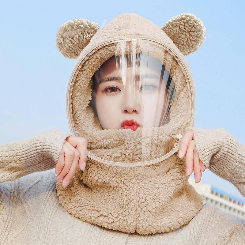 Winter cycling mask outdoor cold hat female cute plush pullover hat warm electric vehicle scarf integrated hat
