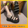 Wear round head rhinestone thick-bottomed sandals 2025 summer new popular one-word belt casual flat-bottomed tide ins slippers