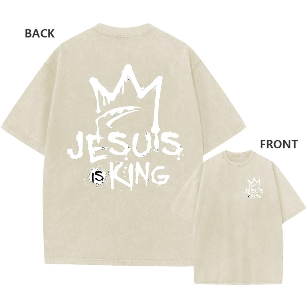 Mens Vintage Washed Cotton Oversized TShirt Jesus Is King Faith Graphic Tee