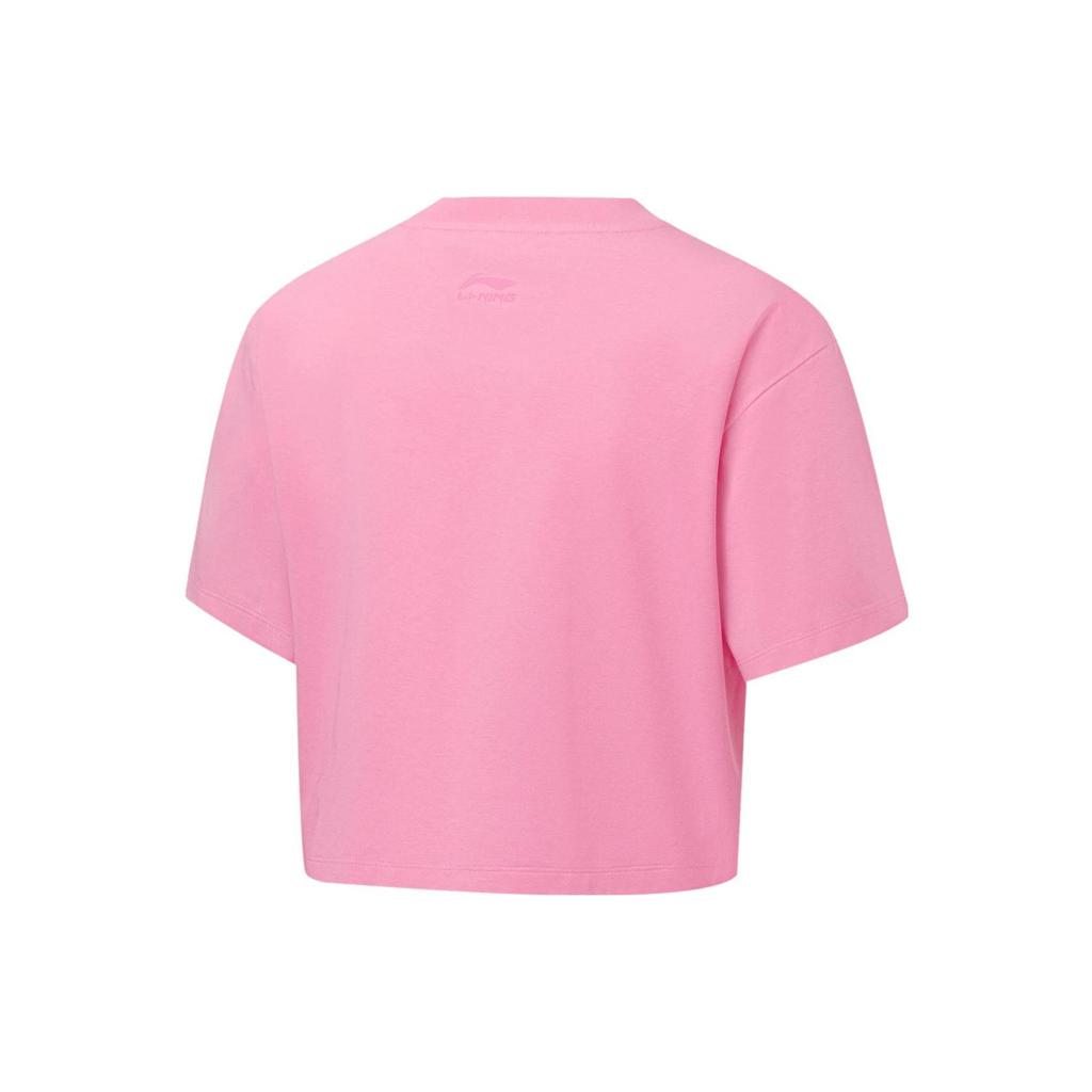 Li Ning Fitness Series Solid Color Logo Print Loose Short Sleeve T-Shirt Women Tops Pink ATST608-6