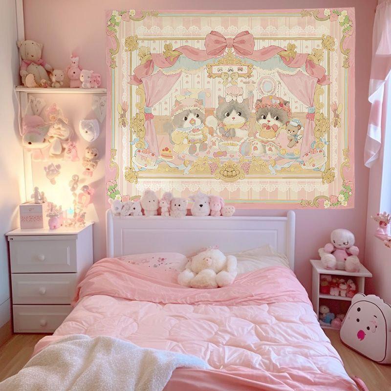 Pink Coquette Teddy Bear Tea Party Tapestry Wall Hanging Bow Curtain Sweet Lolita Aesthetic Wall Art Girls Bedroom Decor