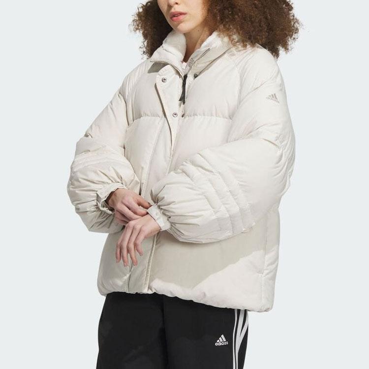 Adidas 600 Fill Back Three Stripes Printed Stand Collar Long Sleeve Down Jacket Women Outerwear Beige IL8912