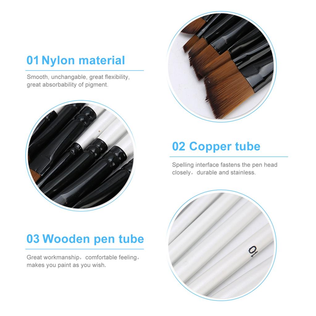 12Pcs Nylon Hair Paint Brushes Set Wood Handle Pearl White Variety Style Oil Acrylic Drawing SuppliesC Oblique Head