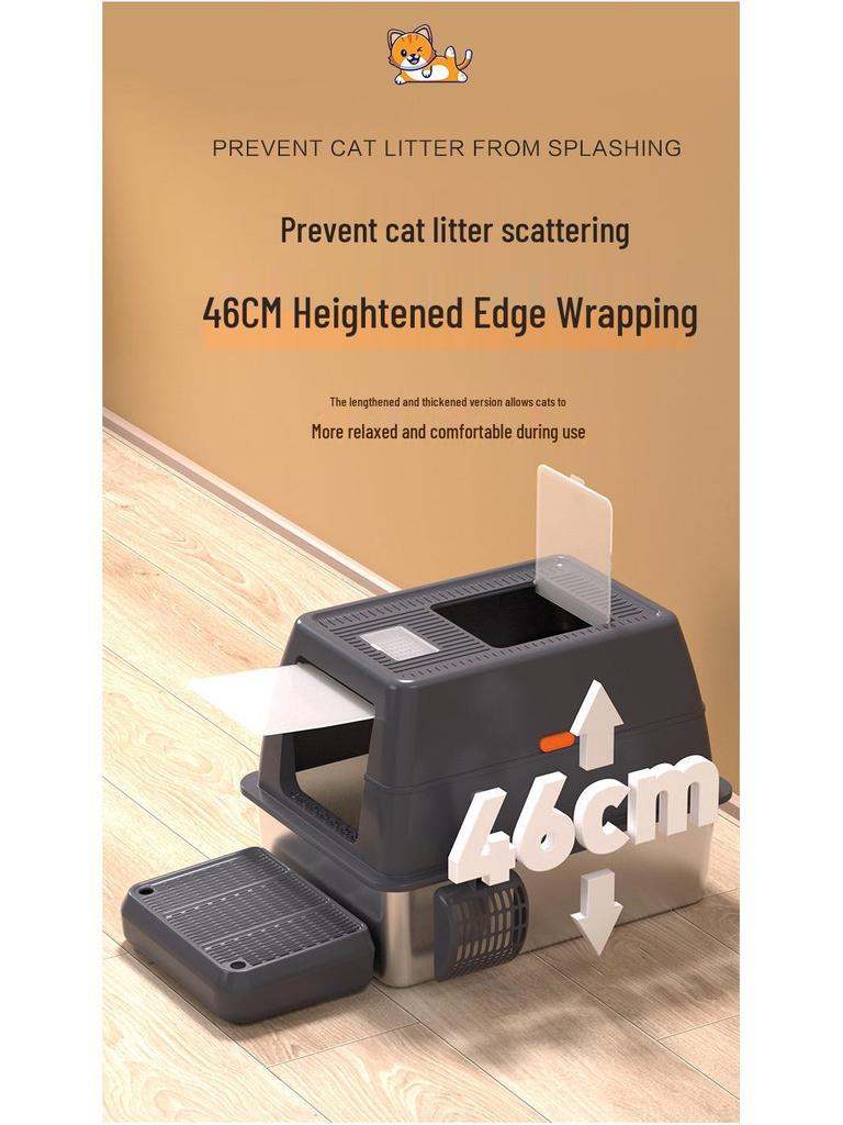 Stainless Steel Cat Litter Box with Anti-Splash Top-Entry Lid, Sizes S-XXXL.