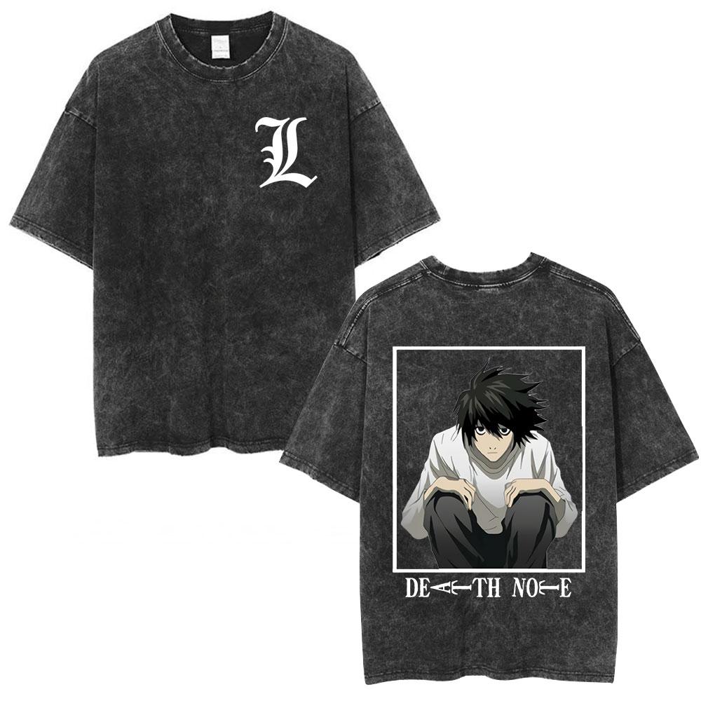 Винтажная стираная аниме манга Т-shirt с логотипом Death Note Мужская Женская Печатная футболка Летняя Повседневная Модная одежда Топы Высокое качество Streetwear