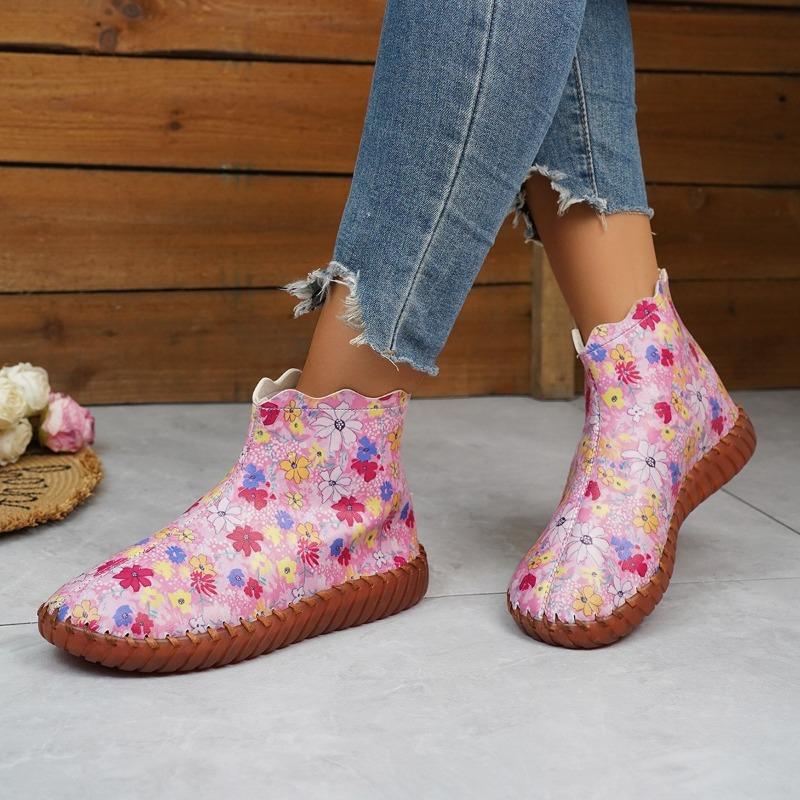 Большие размеры 36-43 Женская обувь 2024 Зима Новейший дизайн Розовые Цветочные Женские Сапоги Ручной Работы Плоские Повседневные Сапоги Zapatos De Mujer