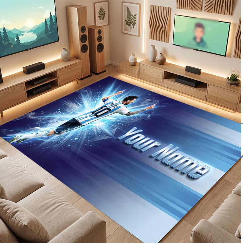Lionel Messi Custom Crystal Velvet Rug, Personalized Name Text Print, Football Logo Soft Non‑Slip Floor Mat Home Decor Gift