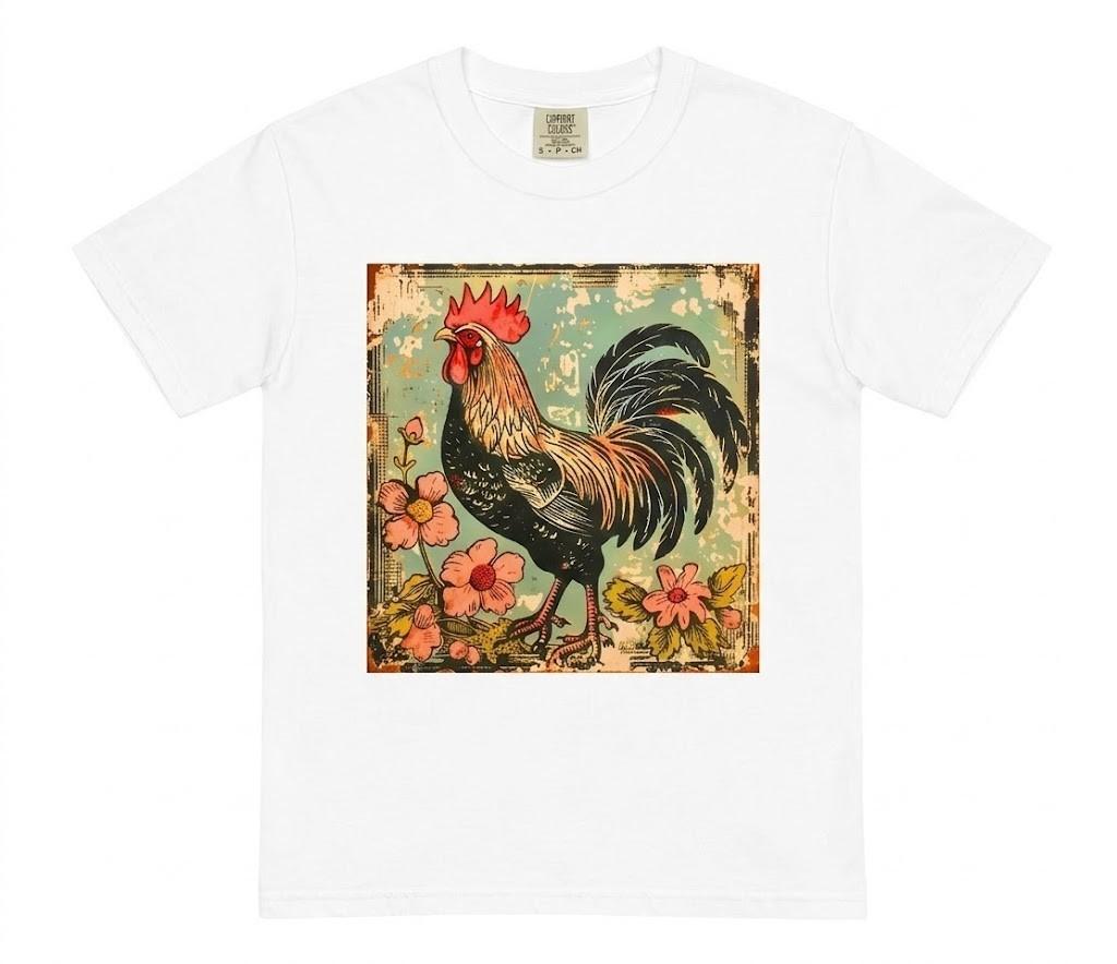 Vintage Rooster T-Shirt Retro Chicken Graphic Tee Distressed Farm Folk Art White