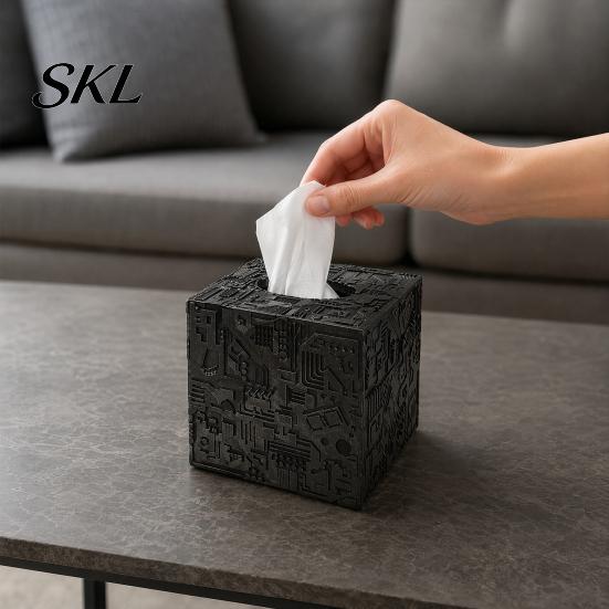 Purple Tissue Box Sci-fi Theme Box, with Smooth Paper Extraction, Large Capacity Cubic Design Matte Gray Holder Organizer, Hard Shell Durable Desktop