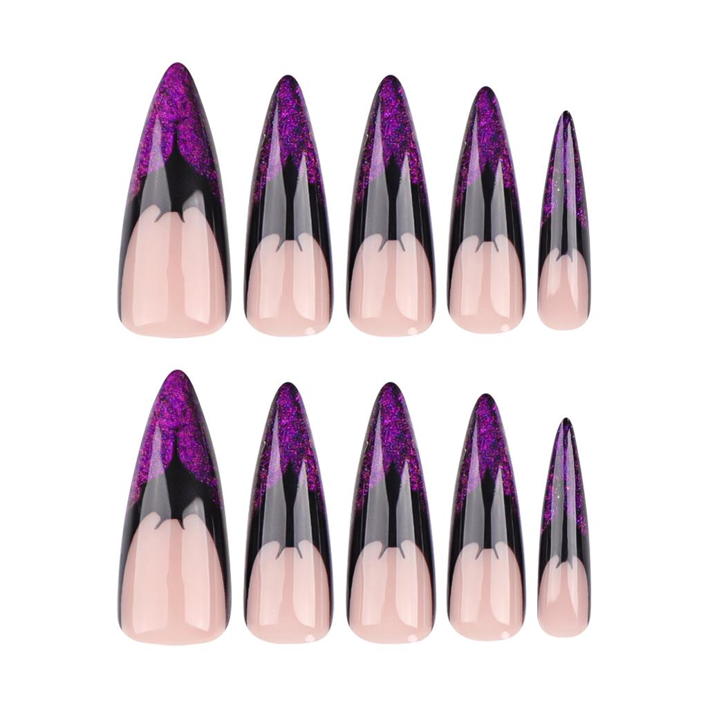 24 PCs Halloween Long Sharp Shape False Nail French Purple Wearable Nail Plate with 1 File and 1 Jelly Glue