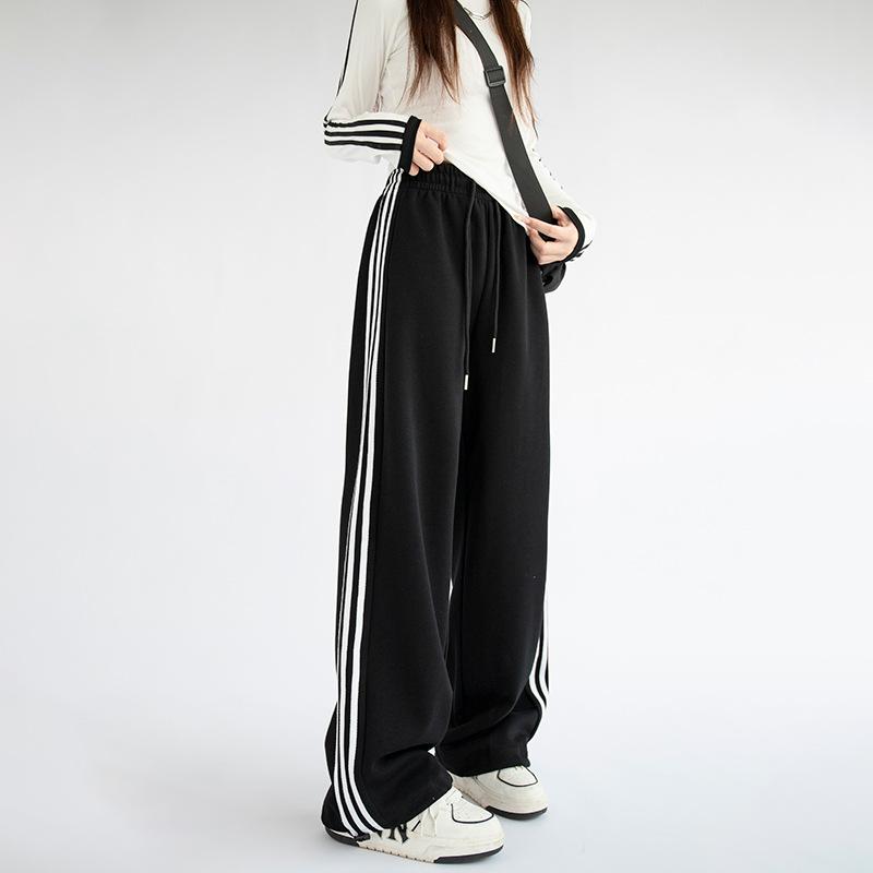 Three Bars and Two Sweatpants for Women's Autumn New High-waisted and Thin Wide-leg Pants Versatile Casual Drawstring Sweatpants