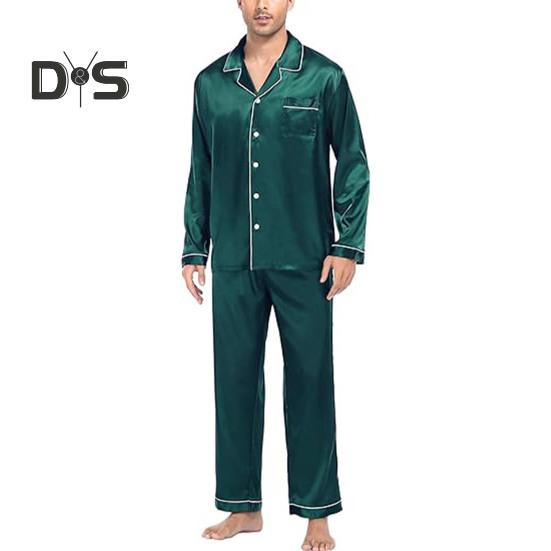 2 шт./компл. Шелковый атласный мужской пижамный комплект с пуговицами, длинными рукавами, верхом из пижамы с воротником-стойкой, пуговицами спереди, нагрудным карманом, длинными штанами, одежда для сна