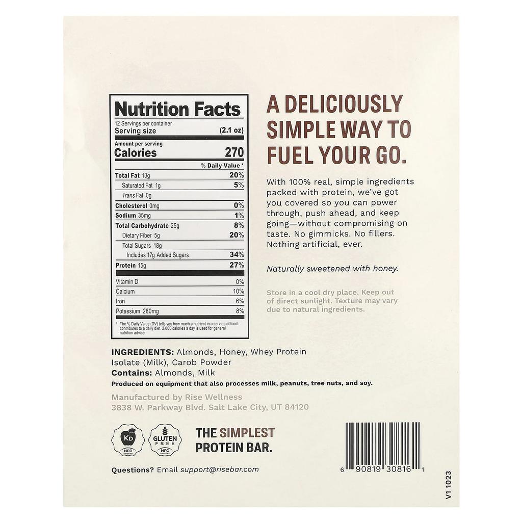 Rise Bar Protein Bar, Chocolate Almond, 12 Bars, 60g (2.1oz) Each