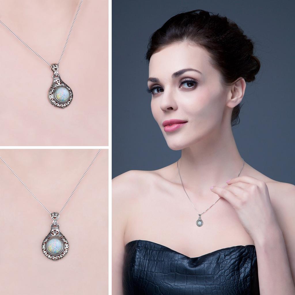 JewelryPalace Винтаж 2,5 карат Кабошон Создан Опал Стерлингового Серебра 925 пробы Сердце Любовь Заявление Ожерелье Колье Без Цепи