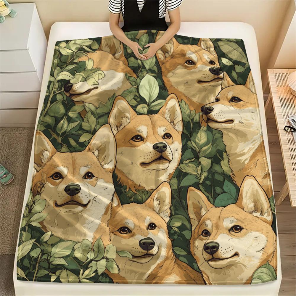 Shiba Inu and Leaves pattern Flannel Blanket, High quality Comfortable for All Seasons, Home Decor, Warmth and Comfort, Perfect for Gifts.