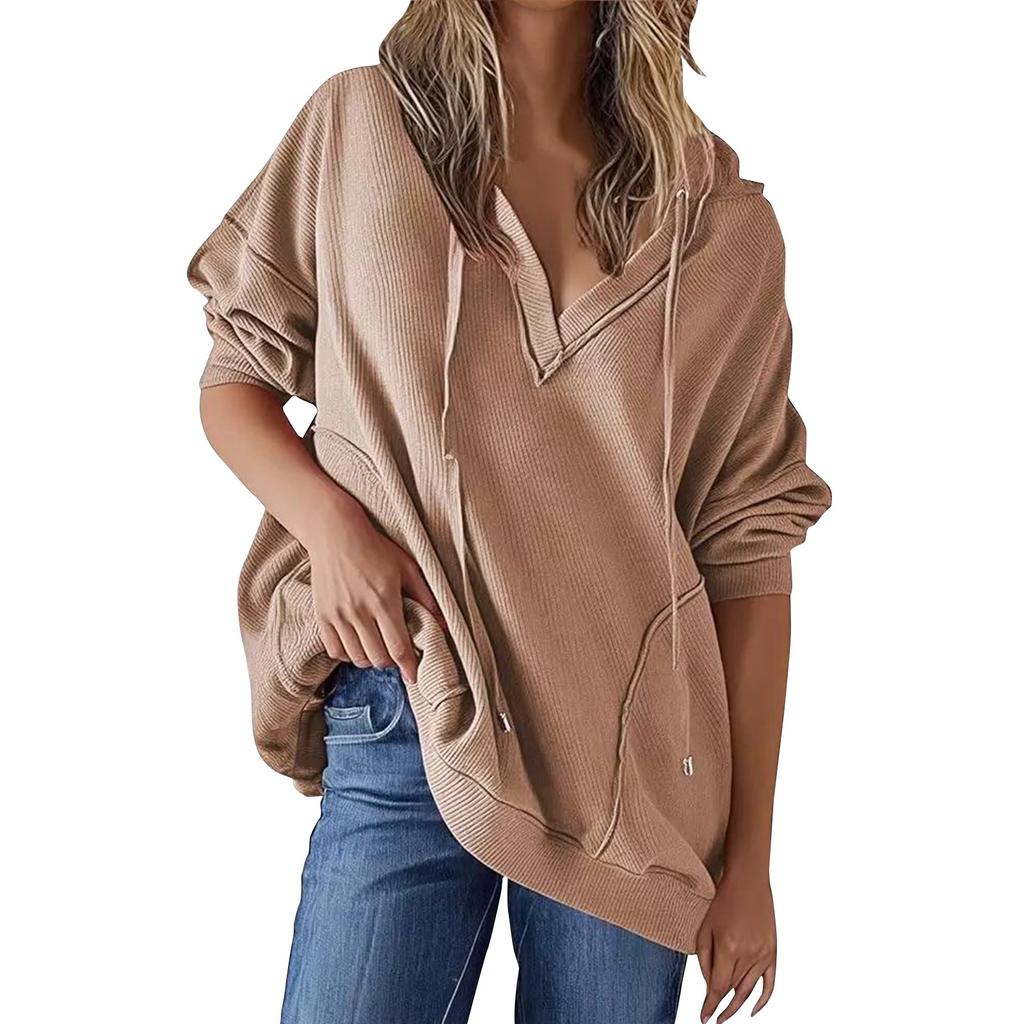 Женская повседневная модная однотонная толстовка с капюшоном и V-образным вырезом с длинным рукавом