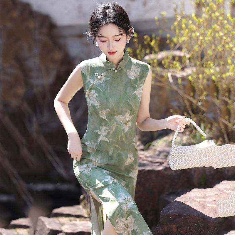 Elegant Green Sleeveless Modern Cheongsam Dress With Bamboo Leaf Jacquard Long Style Women 2026