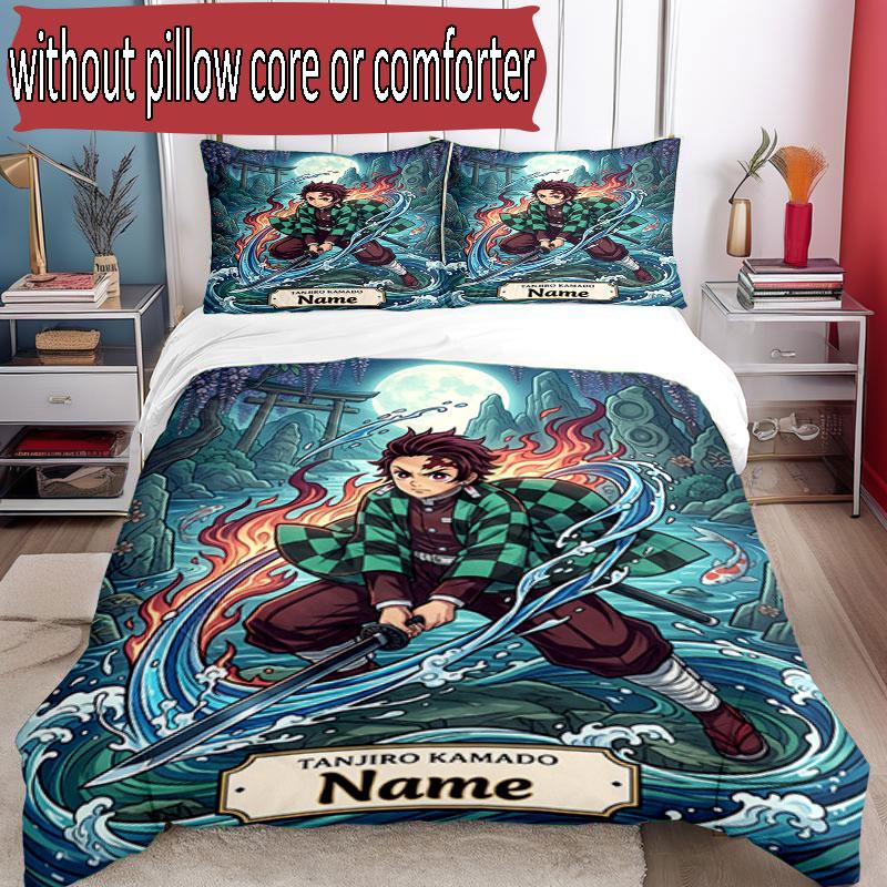 3pcs Duvet Cover Set (1*Duvet Cover + 2*Pillowcase, Without Core), Custom Name Demon Slayer Pattern Bedding Set, Home Bedroom Decor Gift