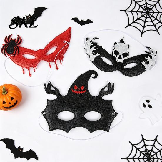 Adjustable Halloween Eye Masque Masque, Glitter Half Face Horror Skull Bat Elastic String Spider Dress Up Accessory for Cosplay Costume, Masquerade,