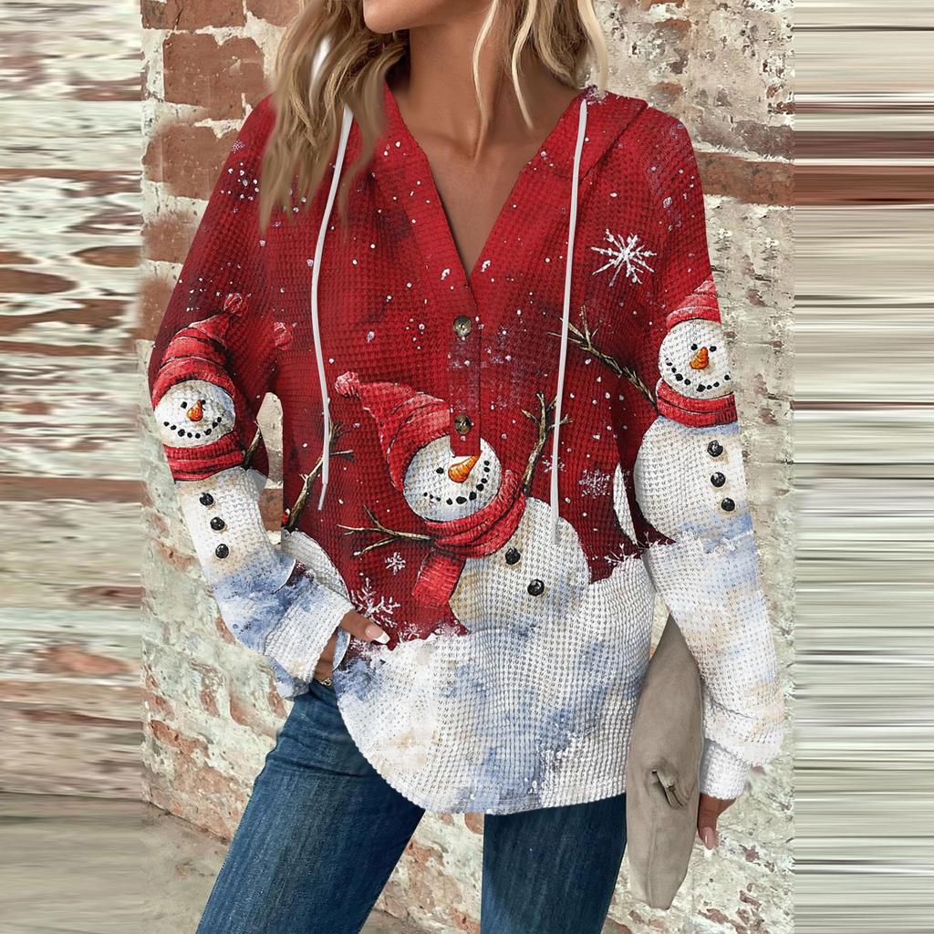 Женский повседневный топ с длинными рукавами, пуговицами, V-образным вырезом, рождественским принтом, завязками и капюшоном