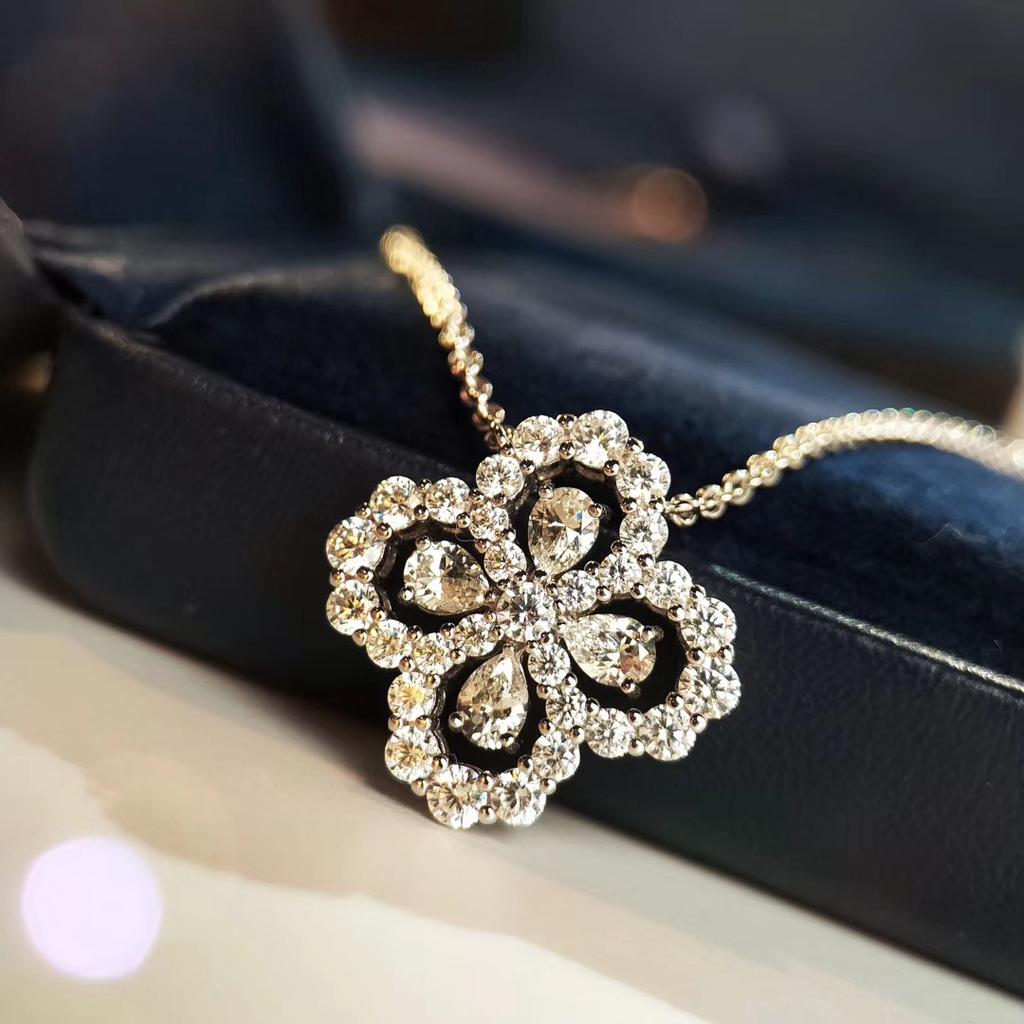 925  high carbon diamond hollow flower-shaped zircon ring water drop round flower necklace female party birthday jewelry