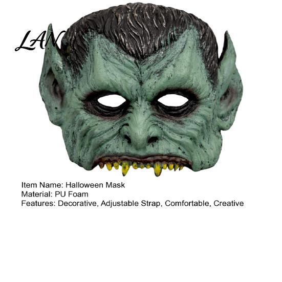 Creepy Halloween Costume Accessory Green Vampire Mask, Half Face Mask with Pointy Ears & Sharp Teeth, Retro Realistic Horror Distressed Party