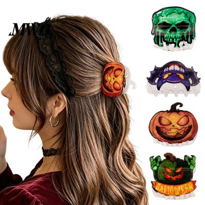 Elastic Base Hair Clip Back Head Claw, Reinforced Shark with Base, Halloween Skull Claw Pumpkin Bat Patterns for Bun Half-Tied Style Glossy Texture