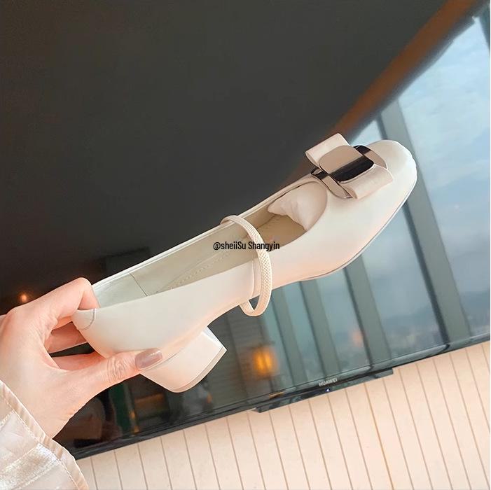 Весна 2025 Кожаные балетки Мэри Джейн с бантом и квадратным носком