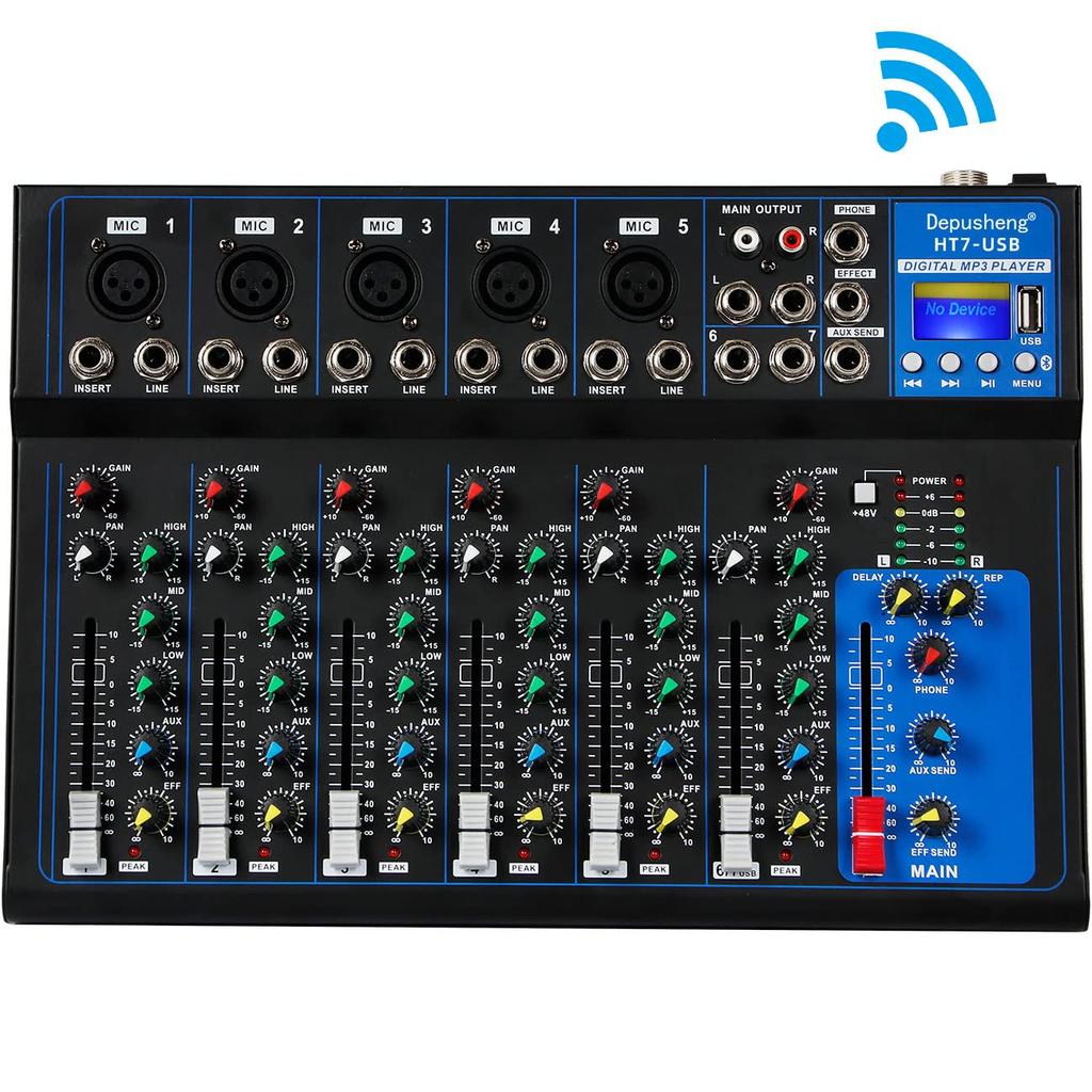 Depusheng HT7 Bluetooth Portable Audio Mixer DJ Sound Mixing Console MP3 Jack 48V Power Computer 7 Channel Band Mixing Board Studio Recording W/USB