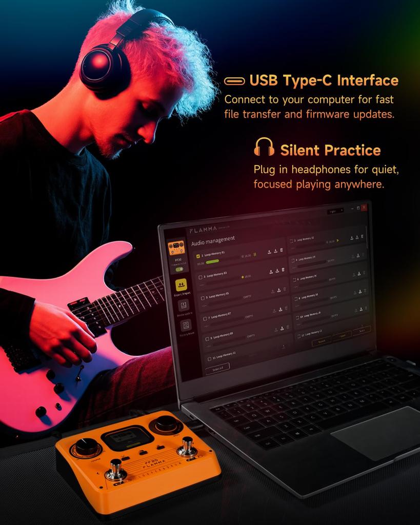 FLAMMA FF20 Педаль лупер Драм-машина с 300 минутами записи 220 барабанных партий 100 Время зацикливания Авто USB Выход для наушников для гитары и баса Экран, Время,