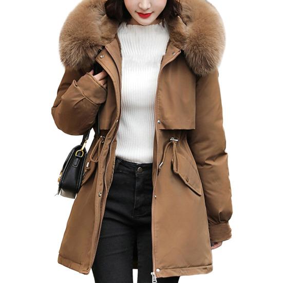 Women Coat Hooded Jacket with Faux Fur Collar Warm Fashionable Zipper Closure Coat