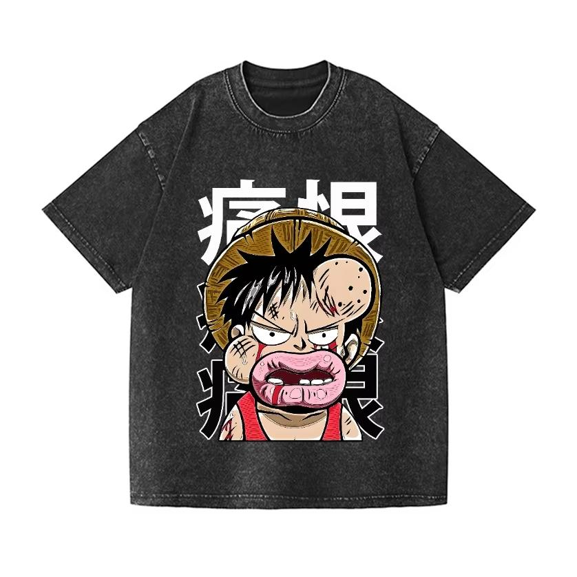 One Piece Luffy Vintage Japanese Design T-Shirt High-quality Streetwear Men's Clothing 2026 New Summer New Wash T Shirt