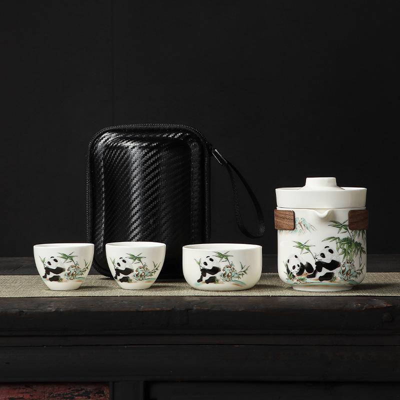 Suet jade porcelain travel tea set Peony embroidery business gift high-end tea set Portable travel tea set