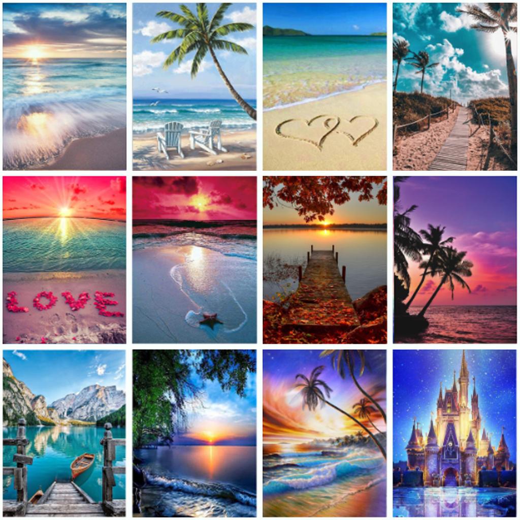 5D Diy Tree Diamond Painting Sunset Landscape Beach Round Full Diamond Mosaic Embroidery Cross Stitch Kit Household Goods Gifts