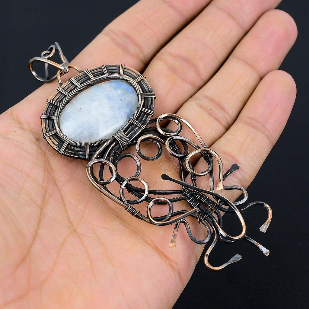 Moonstone Gemstone Copper Wire Wrap Handmade Pendant Jewelry Gift For Her