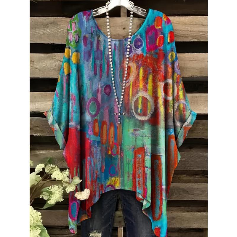 Printed Design-NotTextured, women's plus size Plus T-shirt, personalized colorful graffiti pattern all-over printed short sleeves