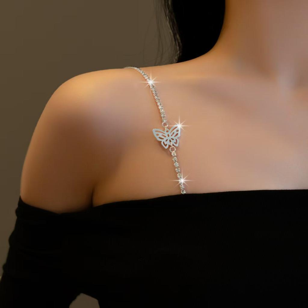1 Pair Women's Butterfly Rhinestone Decorative Bra Straps, Fashion Sexy Off-Shoulder Hollow Strap