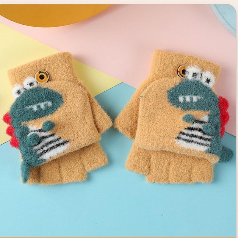 Детские перчатки Kawaii с рисунком Дино, откидные перчатки с половиной пальца для мальчиков и девочек, детские зимние теплые перчатки для письма, От 3 до 6 лет