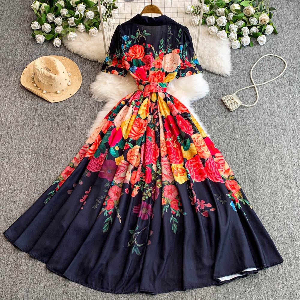 Summer Fashion Suit with A Cinched Waist Women's Single-breasted Printed Large Hem Dress