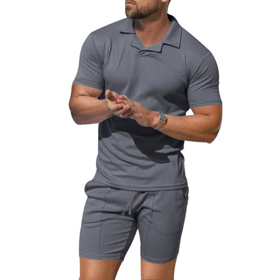 2 шт./комплект мужской наряд пуловер с коротким рукавом отворот топы эластичный шнурок талия карманы шорты комплект однотонная спортивная одежда