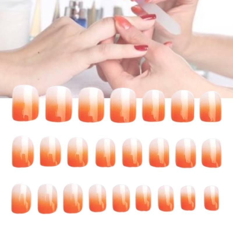 Gradient Orange False Nail Stickers Short Style 24 Pcs Ins Popular Brand Simple Style