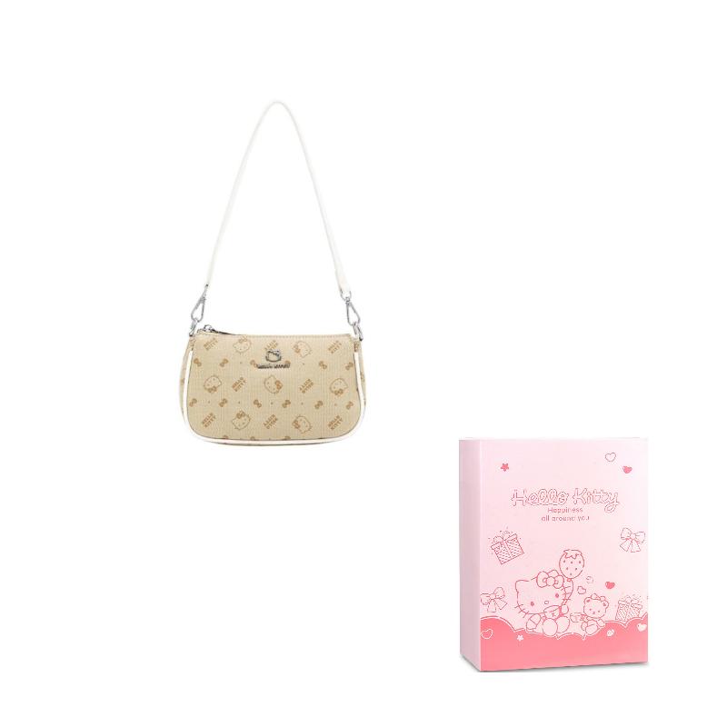 Sanrio Hello Kitty Classic Floral Print Underarm Bag Fashion Versatile Lightweight Practical Cute Commuter Women Shoulder Bag Light-Khaki HHF52385